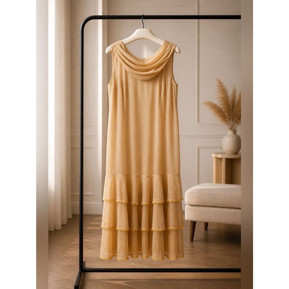 CUSTARD SLEEVELESS COWL NECK TIERED 3 RUFFLE W SEQUINS SIZE 24 MOTHER OF BRIDE